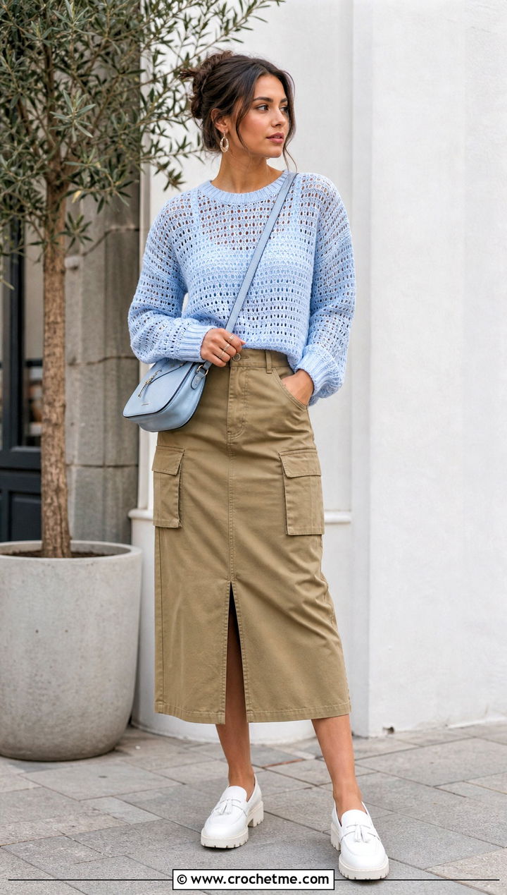 Crewneck Crochet Sweater With Utility Skirt - 25 Womens Crochet Sweater outfit ideas