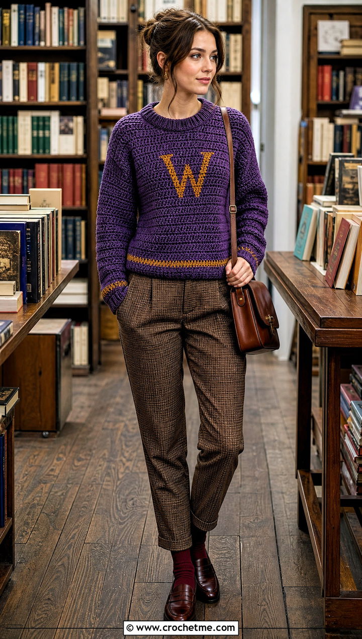 Crewneck Crochet Weasley Sweater With Plaid Trousers - 35 crochet weasley sweater outfit ideas