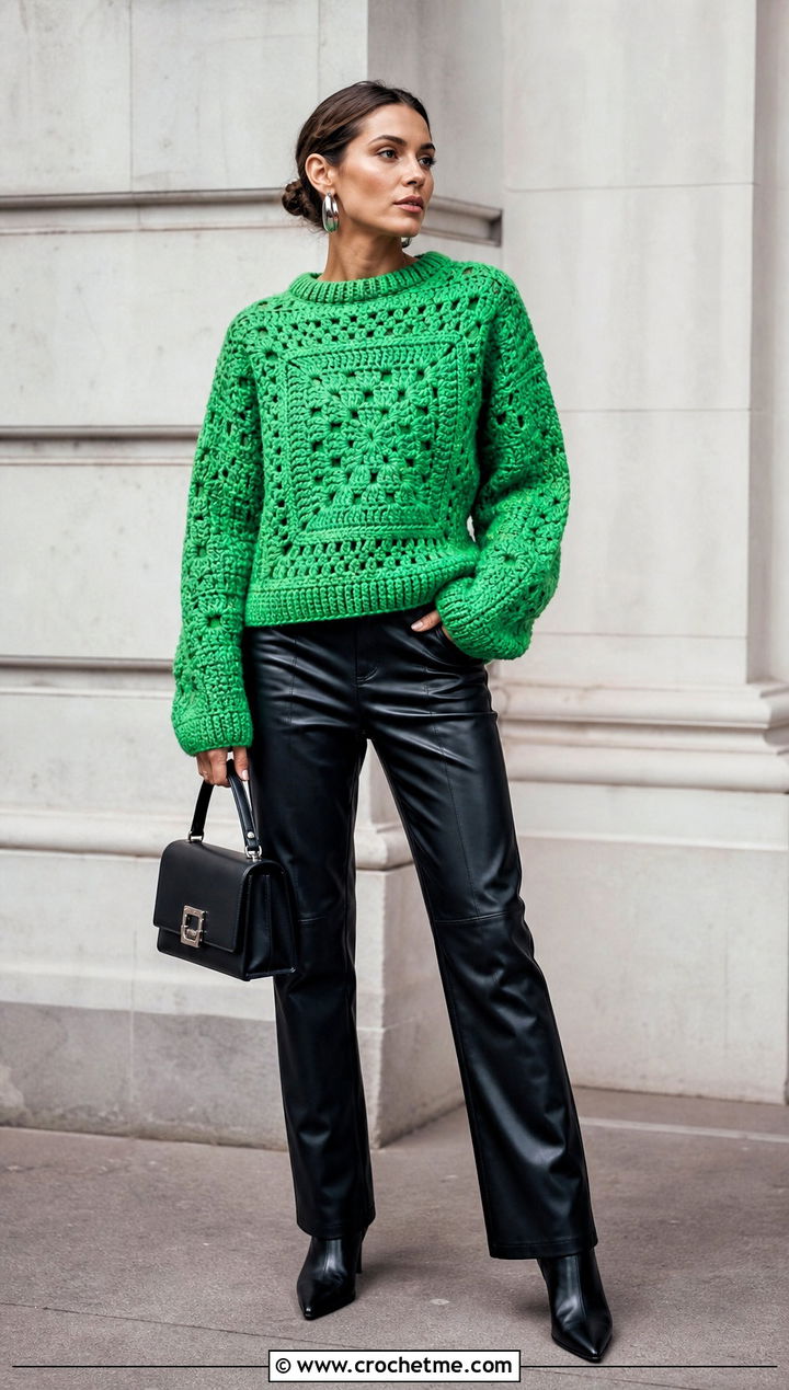 Crewneck Giant Granny Square Sweater With Leather Pants - 30 giant granny square sweater outfit ideas