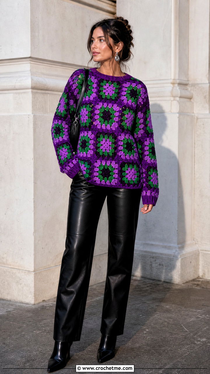 Crewneck Granny Square Crochet Sweater With Leather Pants - 35 granny square crochet sweater outfit ideas