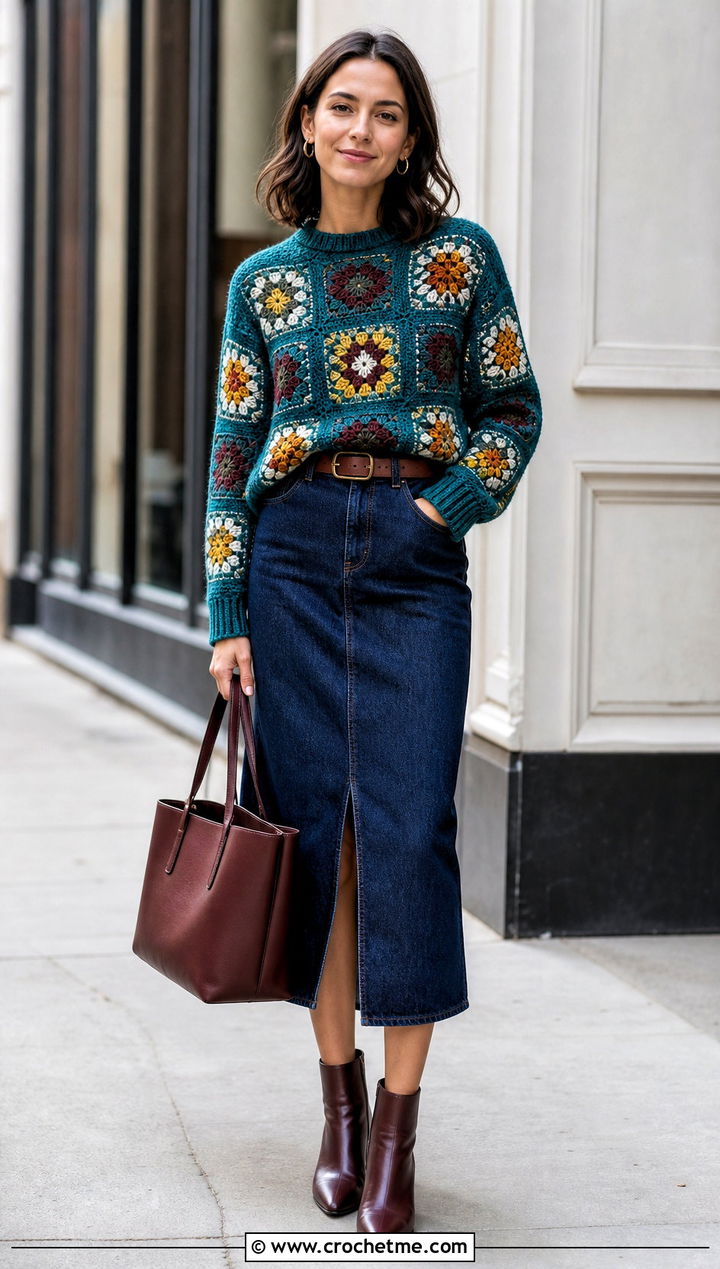 Crewneck Granny Square Pullover Sweater With Denim Midi Skirt - 25 crochet granny square pullover sweater outfit ideas