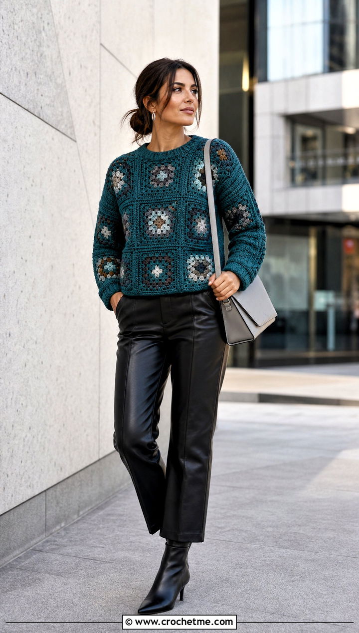 Crewneck Granny Square Pullover Sweater With Leather Pants - 35 Granny Square Pullover Sweater outfit ideas