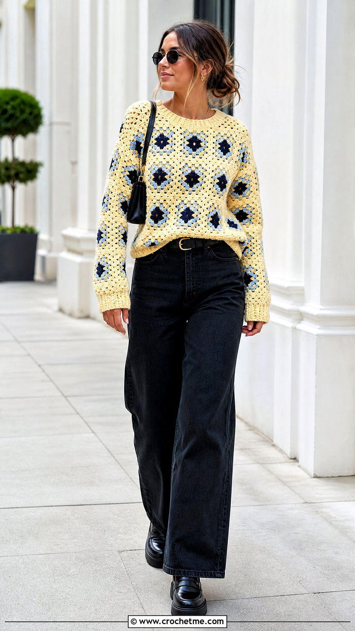 Crewneck Granny Square Pullover With Black Wide Leg Jeans - 35 crochet granny square pullover outfit ideas