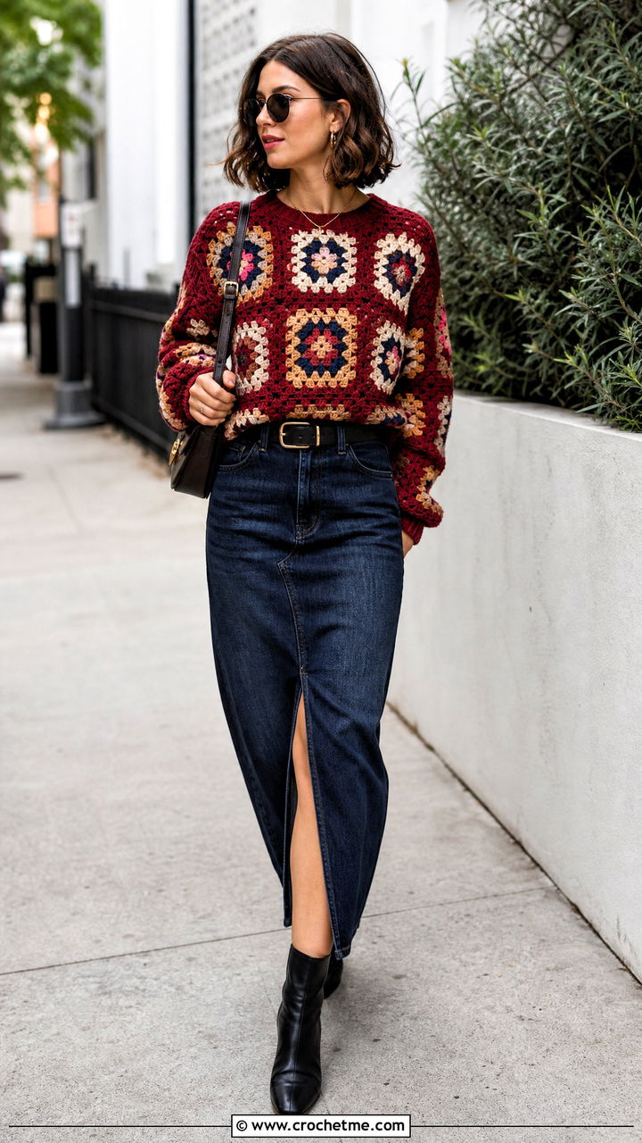 Crewneck Granny Square Sweater With Denim Maxi Skirt - 35 granny square sweater outfit ideas