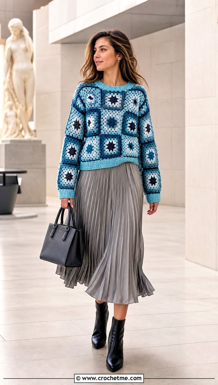 Crewneck Granny Square Sweater With Pleated Midi Skirt - 35 Crochet Square Sweater outfit ideas