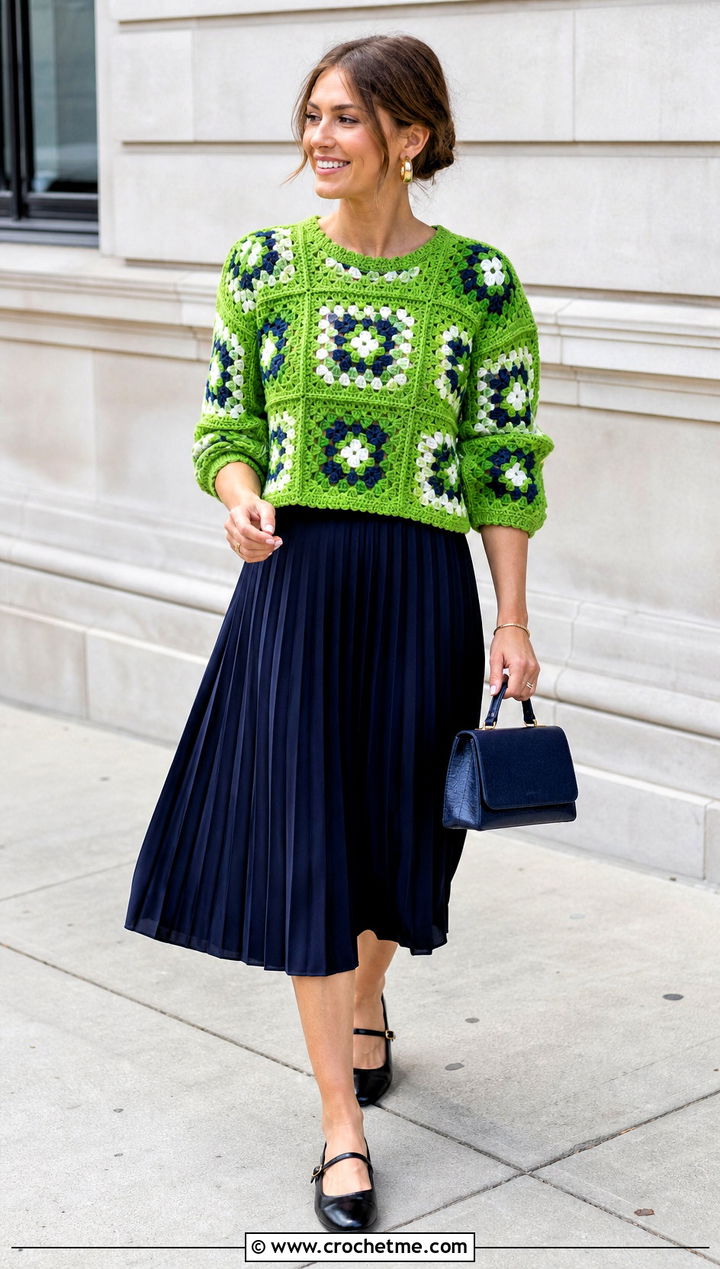 Crewneck Granny Square Sweater With Pleated Midi Skirt - 30 easy granny square sweater outfit ideas