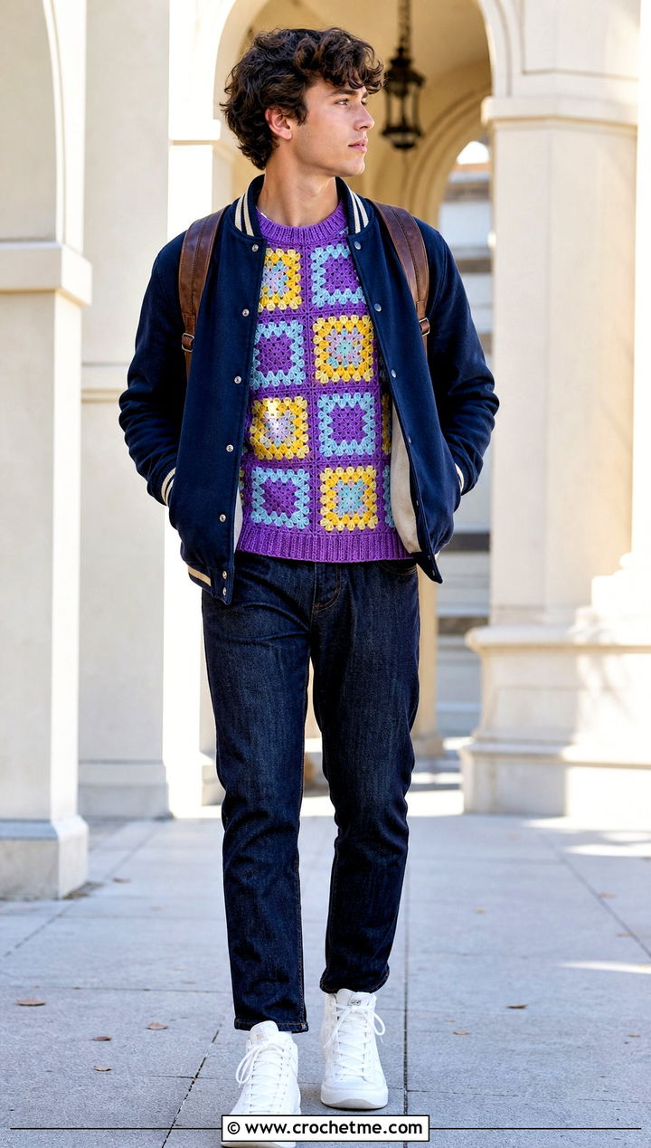 Crewneck Granny Square Sweater With Varsity Jacket - 25 Crochet Granny Square Sweater For Men outfit ideas