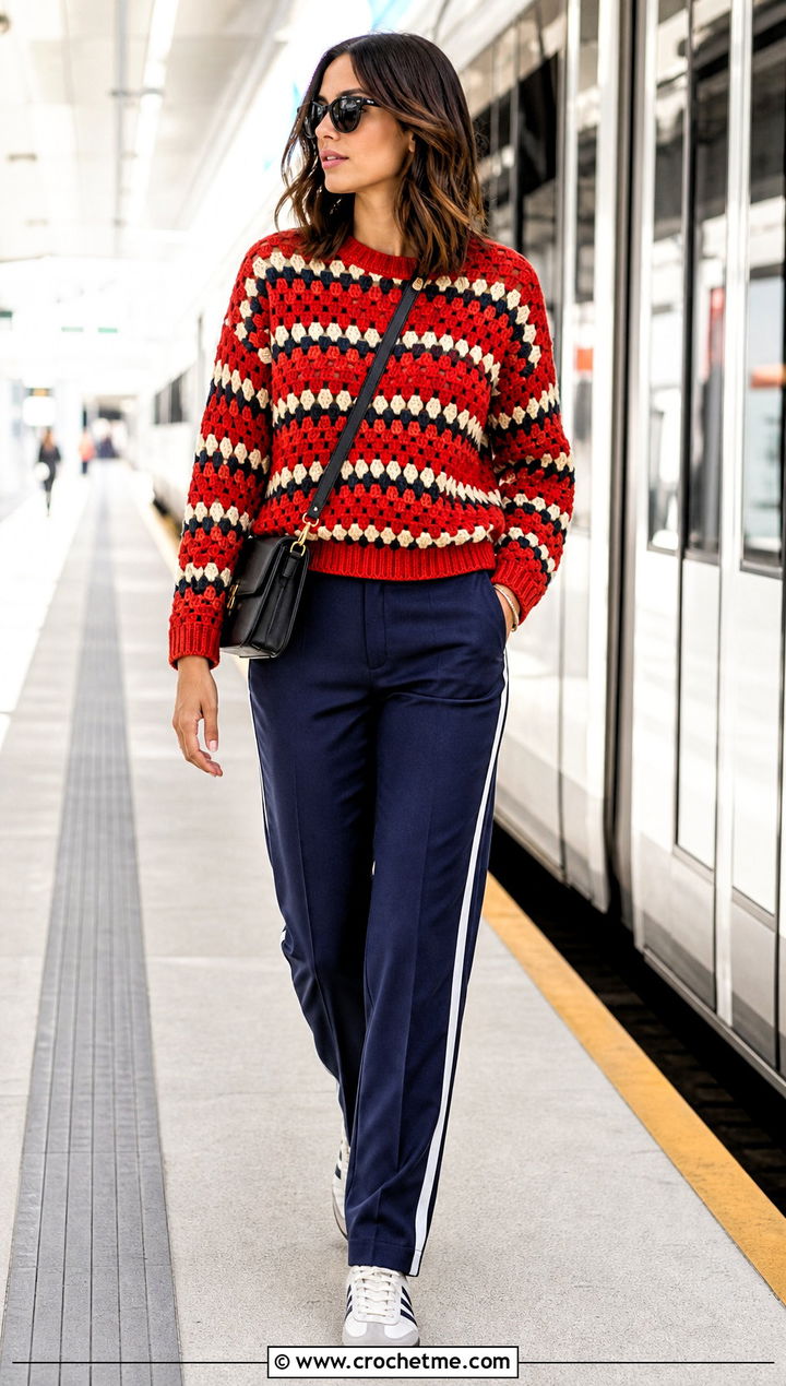 Crewneck Granny Stripe Crochet Sweater With Track Pants - 25 Granny Stripe Crochet Sweater outfit ideas