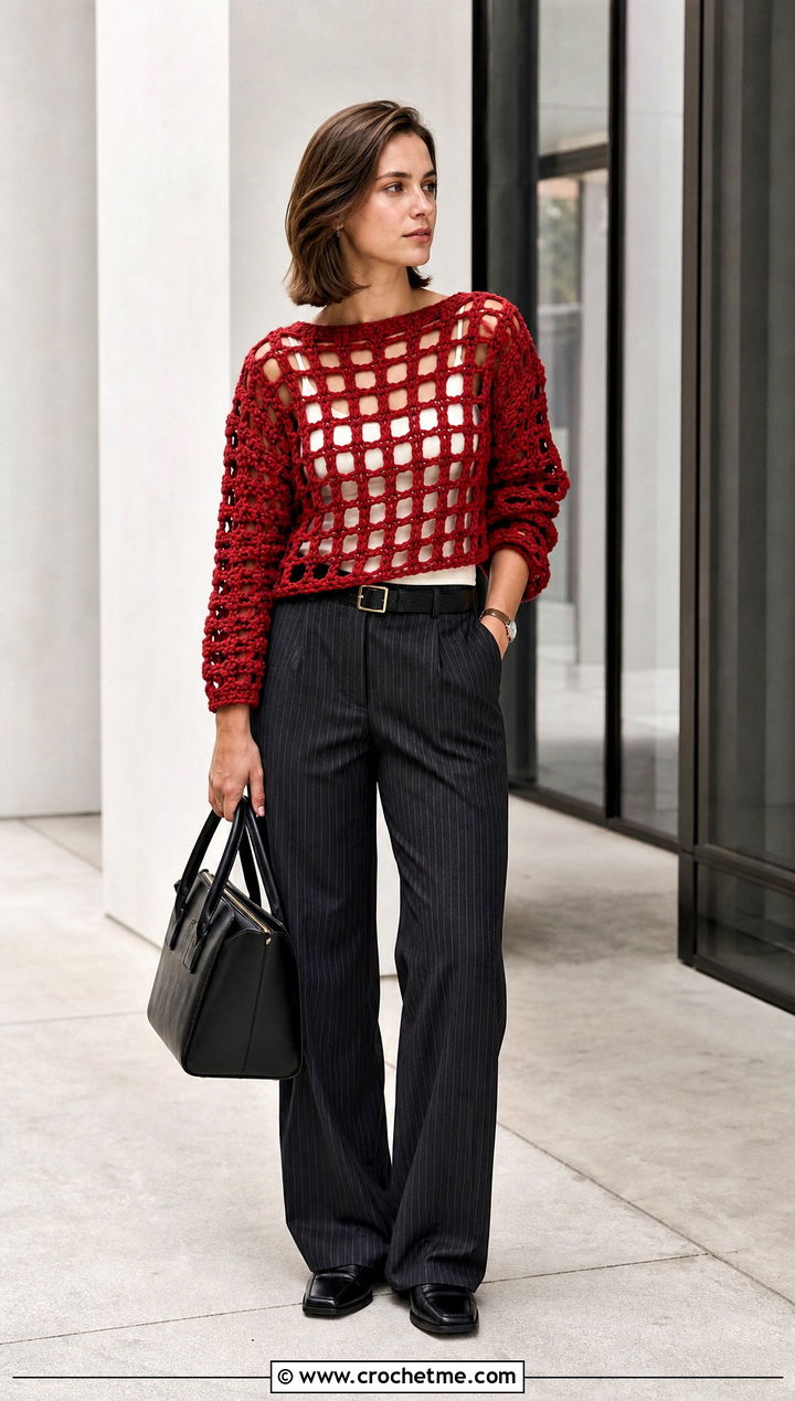 Crewneck Grid Crochet Sweater With Pinstripe Pants - 15 Grid Crochet Sweater outfit ideas