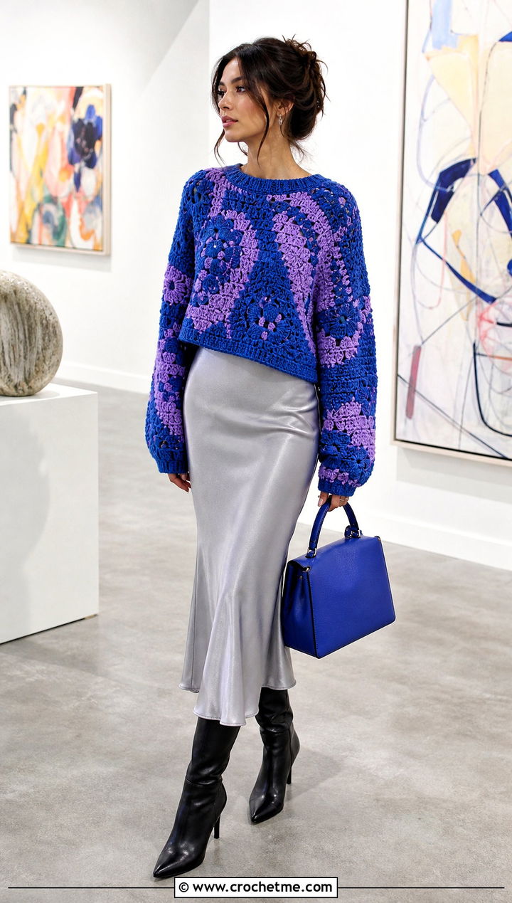 Crewneck Howls Crochet Sweater Over A Slip Dress - 25 Howls Crochet Sweater outfit ideas