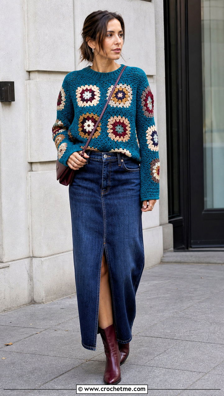 Crewneck Large Granny Square Sweater With Denim Maxi Skirt - 35 large granny square sweater outfit ideas