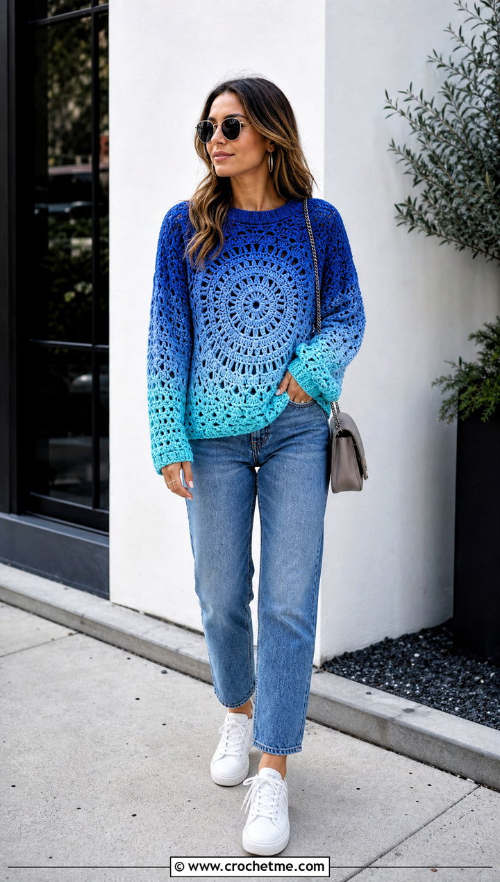 Crewneck Mandala Ombre Crochet Sweater With Straight Leg Jeans - 15 mandala ombre crochet sweater outfit ideas