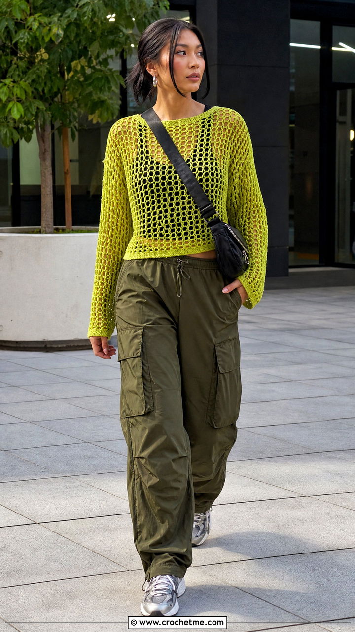 Crewneck Mesh Sweater With Cargo Pants - 35 crochet net sweater outfit ideas
