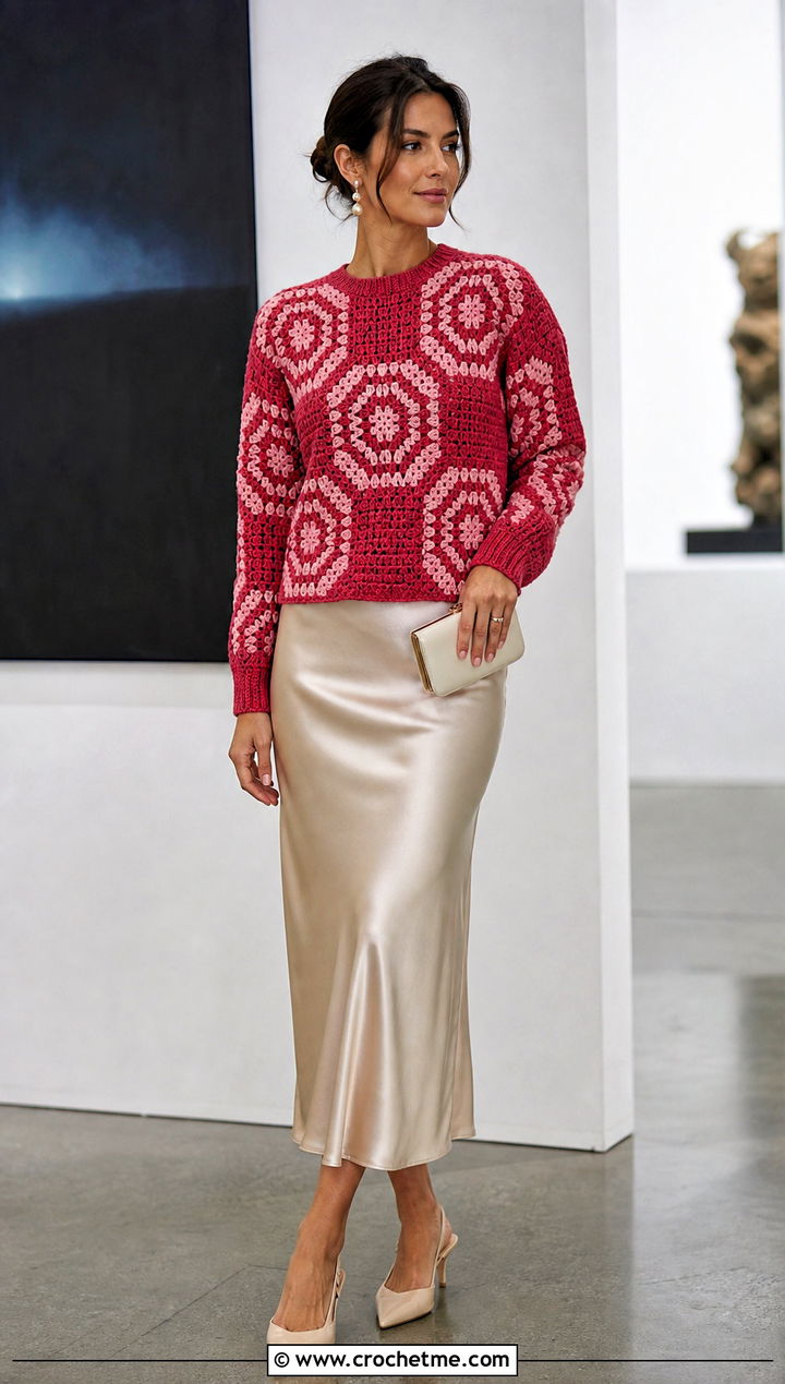 Crewneck Mosaic Crochet Sweater With Satin Midi Skirt - 25 Mosaic Crochet Sweater outfit ideas