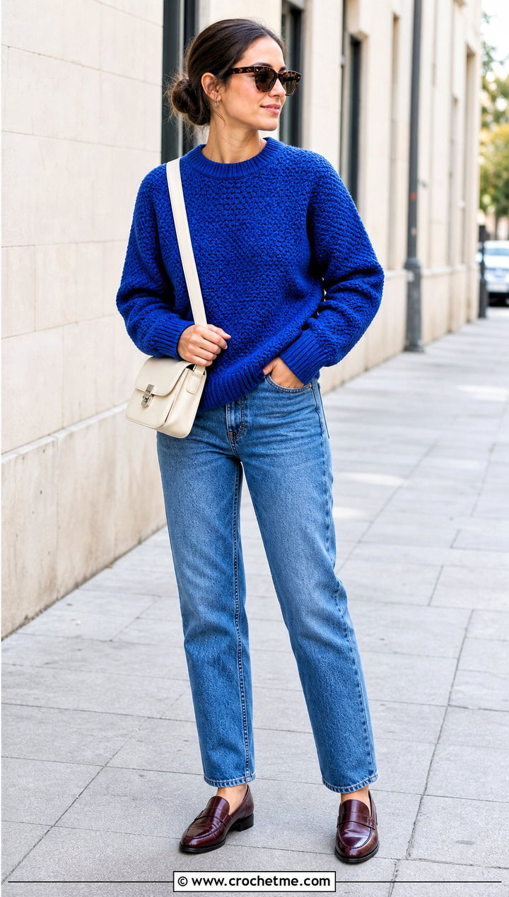 Crewneck Moss Stitch Crochet Sweater With Straight Leg Jeans - 25 Moss Stitch Crochet Sweater outfit ideas