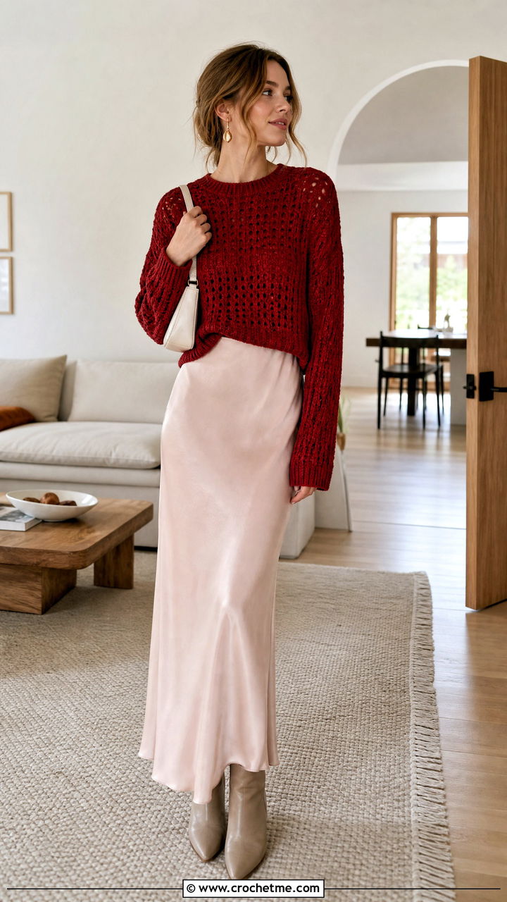Crewneck Oversized Crochet Sweater Over A Slip Dress - 35 oversized crochet sweater outfit ideas