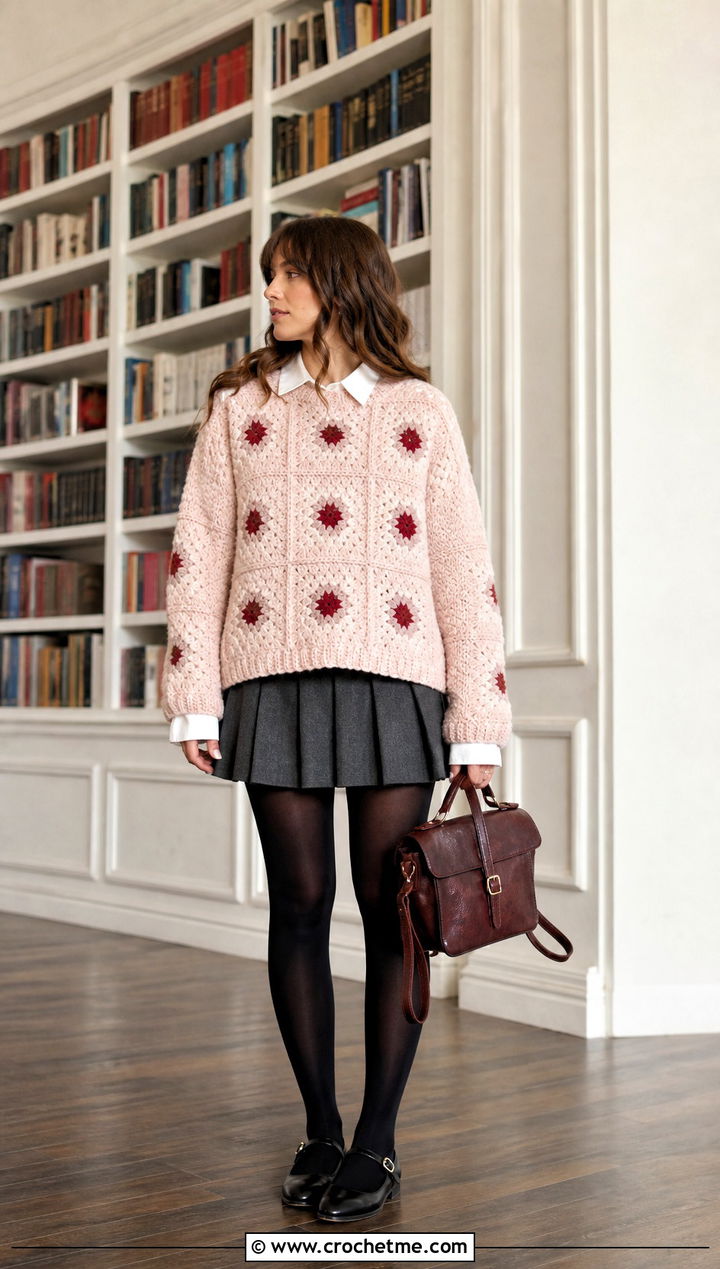 Crewneck Oversized Granny Square Sweater With Pleated Mini Skirt - 15 Crochet Oversized Granny Square Sweater outfit ideas