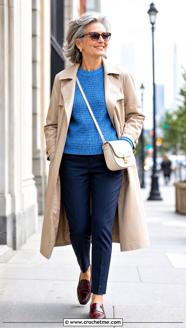 Crewneck Seamless Crochet Sweater With Trench Coat - 25 Seamless Crochet Sweater outfit ideas