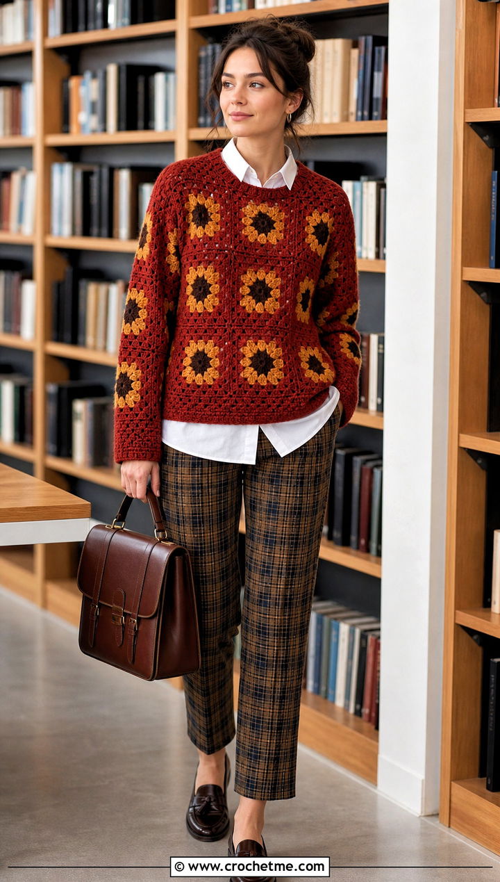 Crewneck Sunflower Granny Square Sweater With Plaid Trousers - 30 sunflower granny square sweater outfit ideas