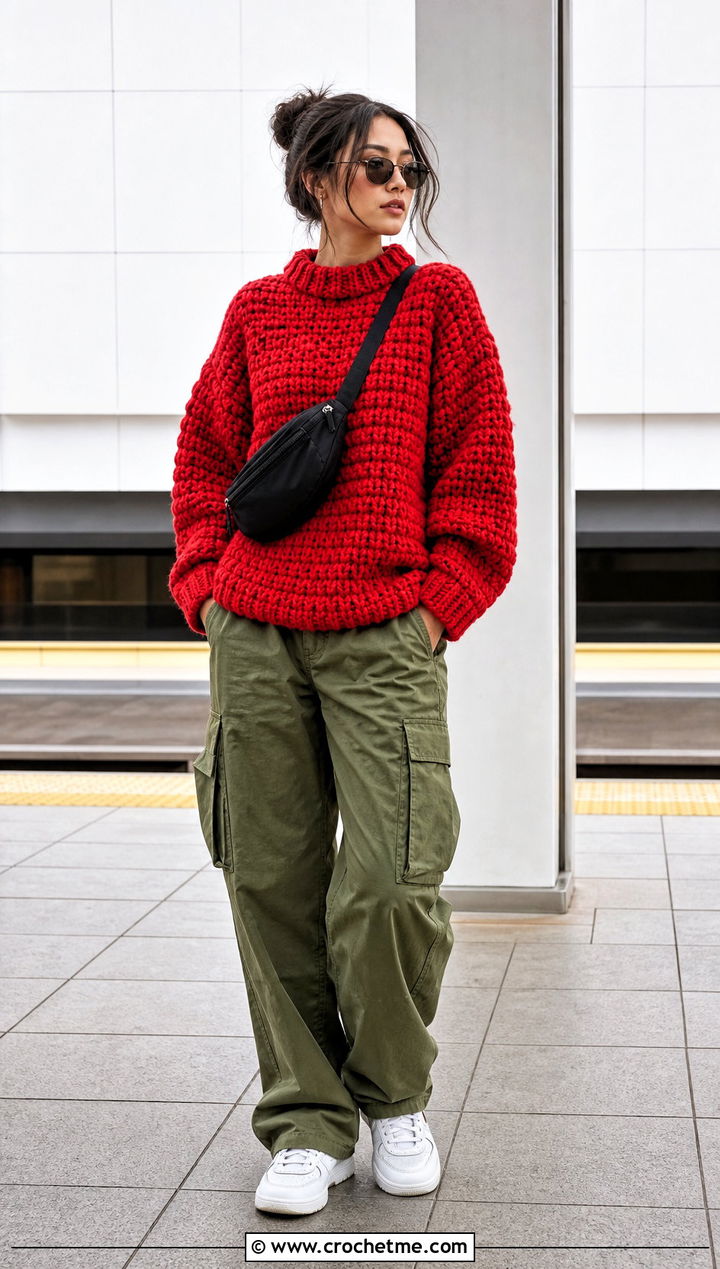 Crewneck Super Bulky Crochet Sweater With Utility Cargo Pants - 25 Super Bulky Crochet Sweater outfit ideas