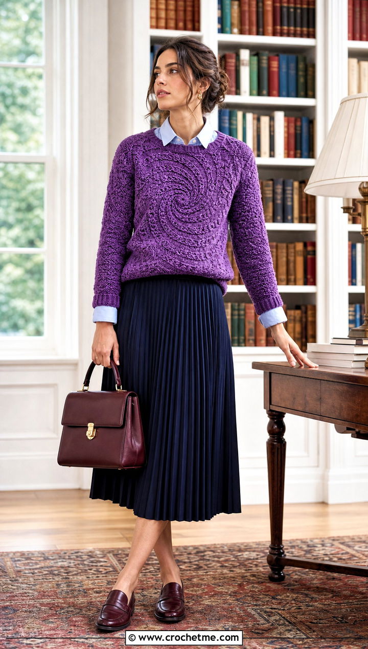 Crewneck Swirl Crochet Sweater With Pleated Midi Skirt - 25 swirl crochet sweater outfit ideas