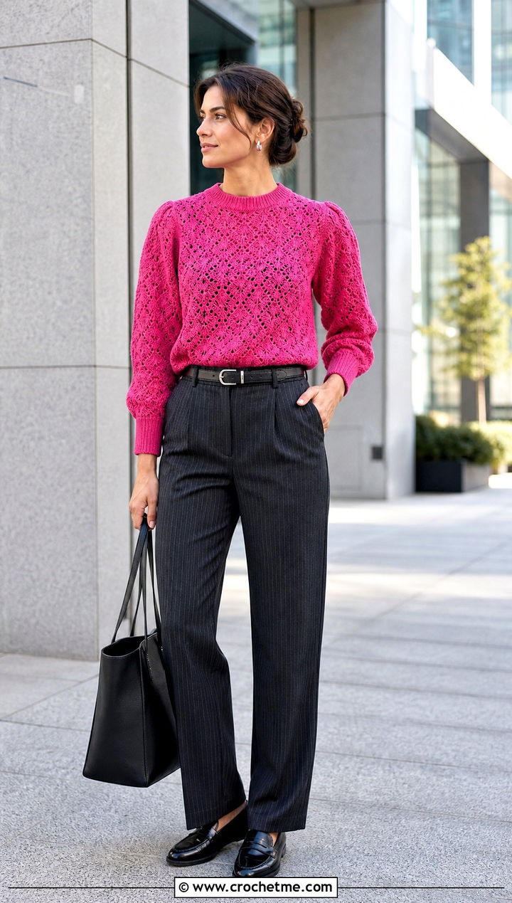 Crewneck Tulip Crochet Sweater With Pinstripe Pants - 25 Tulip Crochet Sweater outfit ideas