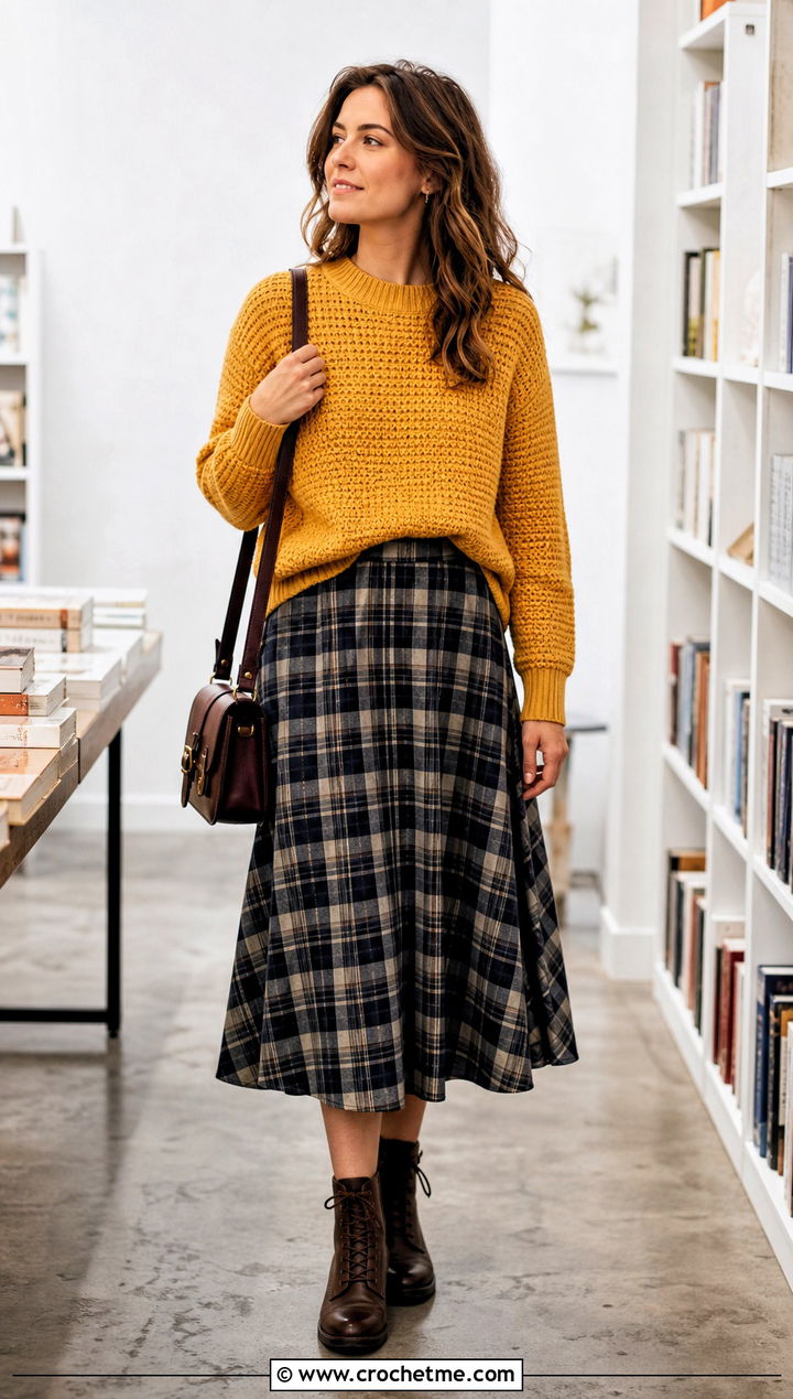 Crewneck Tunisian Sweater With Plaid Midi Skirt - 35 tunisian crochet sweater outfit ideas