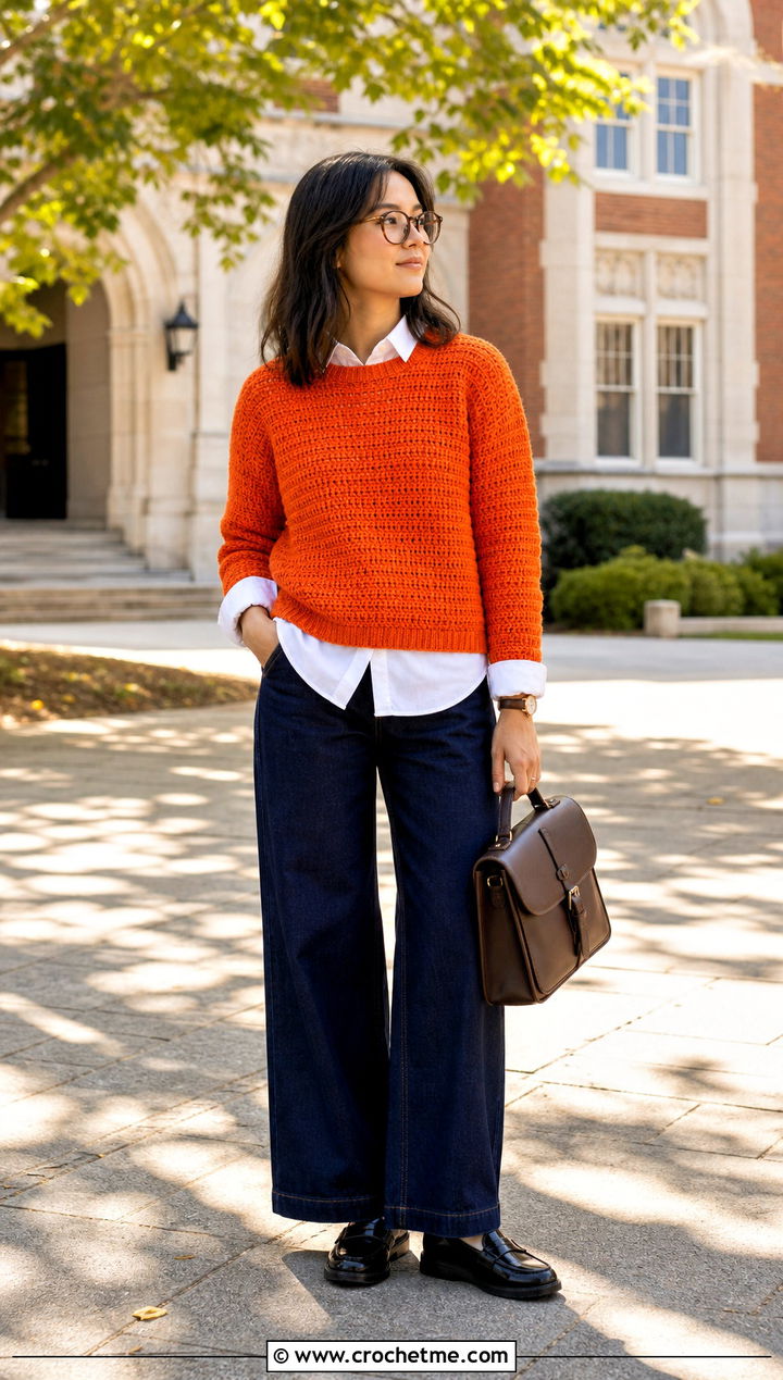 Crewneck Velma Crochet Sweater With White Shirt And Jeans - 15 Velma Crochet Sweater outfit ideas