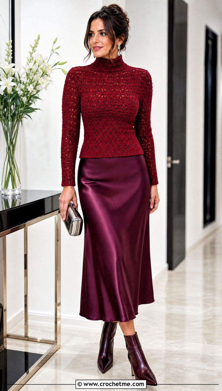 Crimson Crochet Turtleneck Sweater With Satin Midi Skirt - 15 Red Crocheted Sweater Close-Up outfit ideas