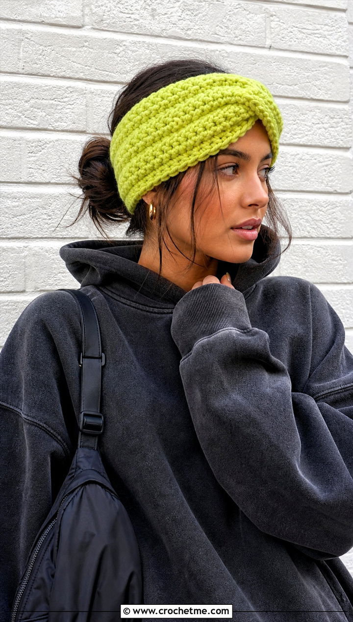 Criss Cross Bulky Yarn Crochet Headband With Hoodie - 25 bulky yarn crochet headband outfit ideas