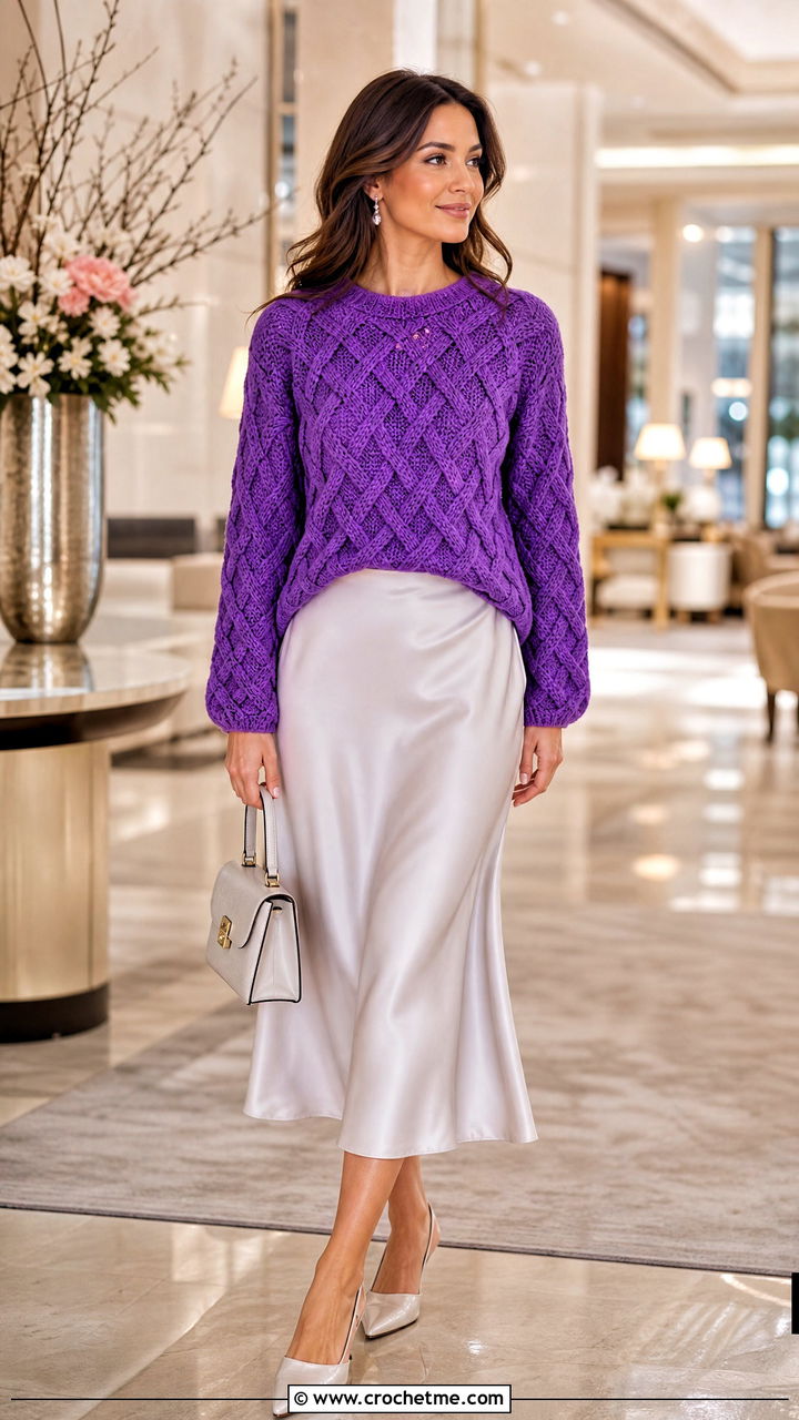 Criss Cross Cable Crochet Sweater With Satin Midi Skirt - 35 cable crochet sweater outfit ideas