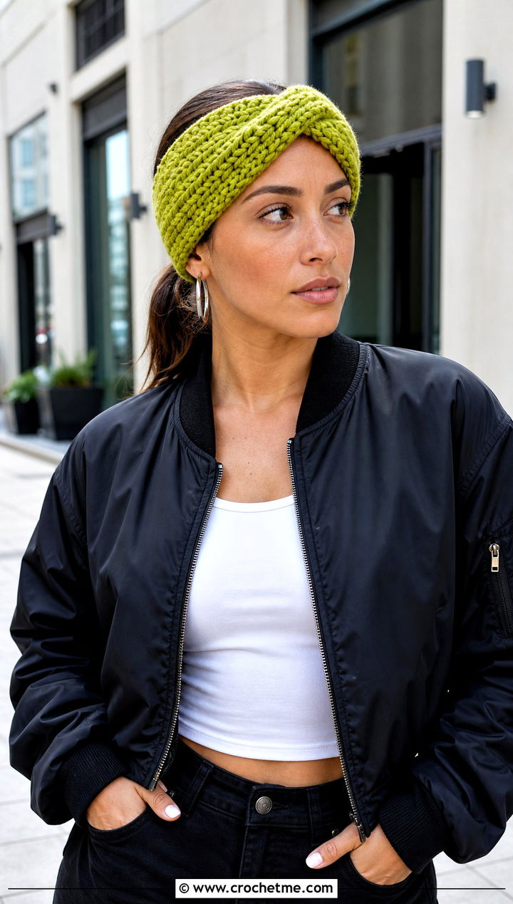Criss Cross Crochet Ear Headband With Bomber Jacket And Parachute Pants - 30 crochet ear headband outfit ideas