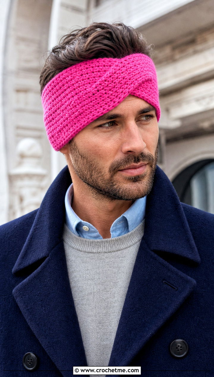 Criss Cross Crochet Ear Warmer With Peacoat - 15 mens crochet ear warmer outfit ideas