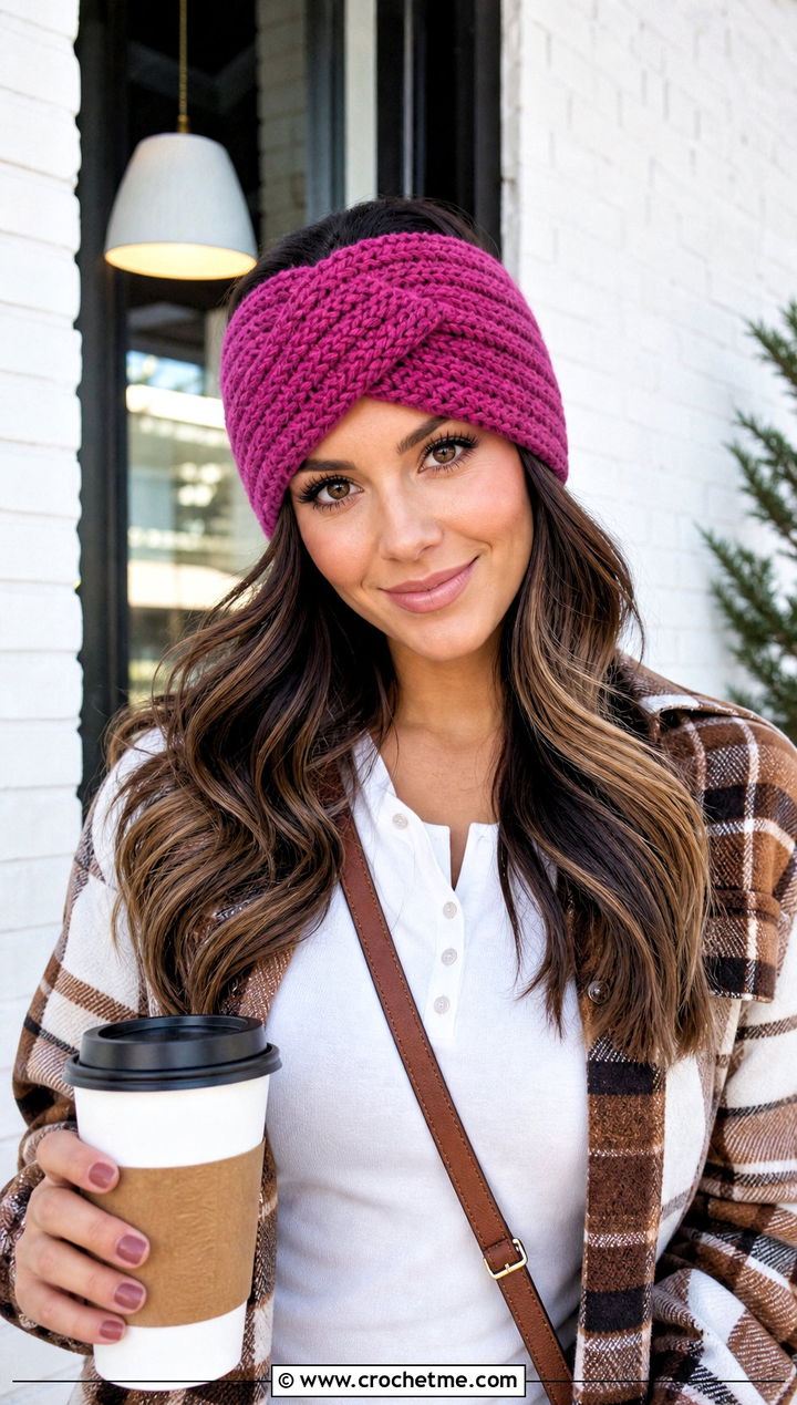Criss Cross Crochet Ear Warmer With Shacket And Flared Jeans - 15 Easy Crochet Headband Ear Warmers outfit ideas
