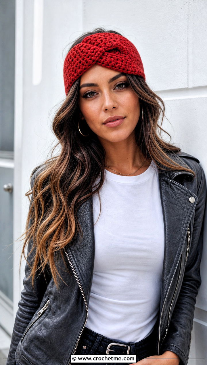 Criss Cross Crochet Headband With Moto Outfit - 25 Easy Crocheted Headbands Ear Warmers outfit ideas