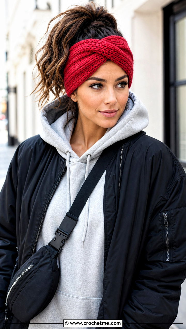 Crisscross Cable Headband With Hoodie - 25 crochet cable headband outfit ideas