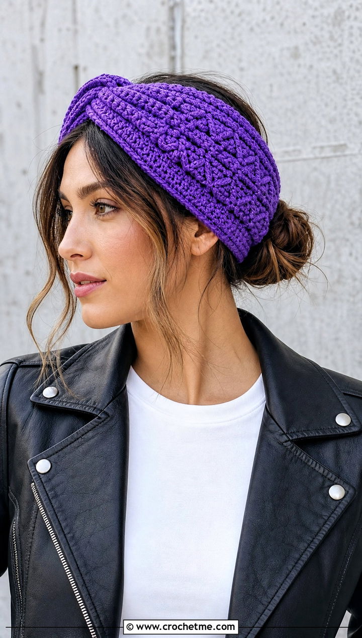 Crisscross Crochet Ear Wrap With Leather Jacket - 20 crochet ear wrap outfit ideas