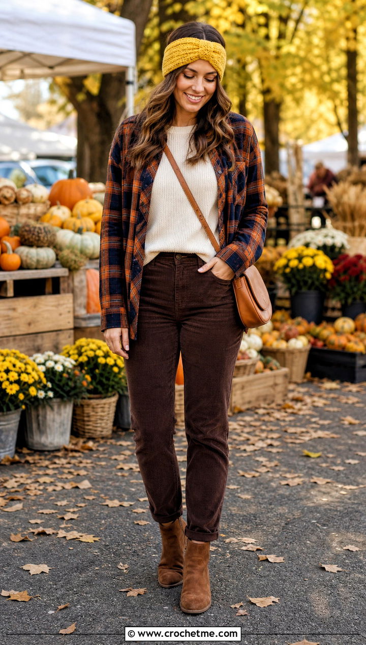 Crisscross Crochet Headband With Flannel And Corduroy Pants - 35 simple crochet headband outfit ideas