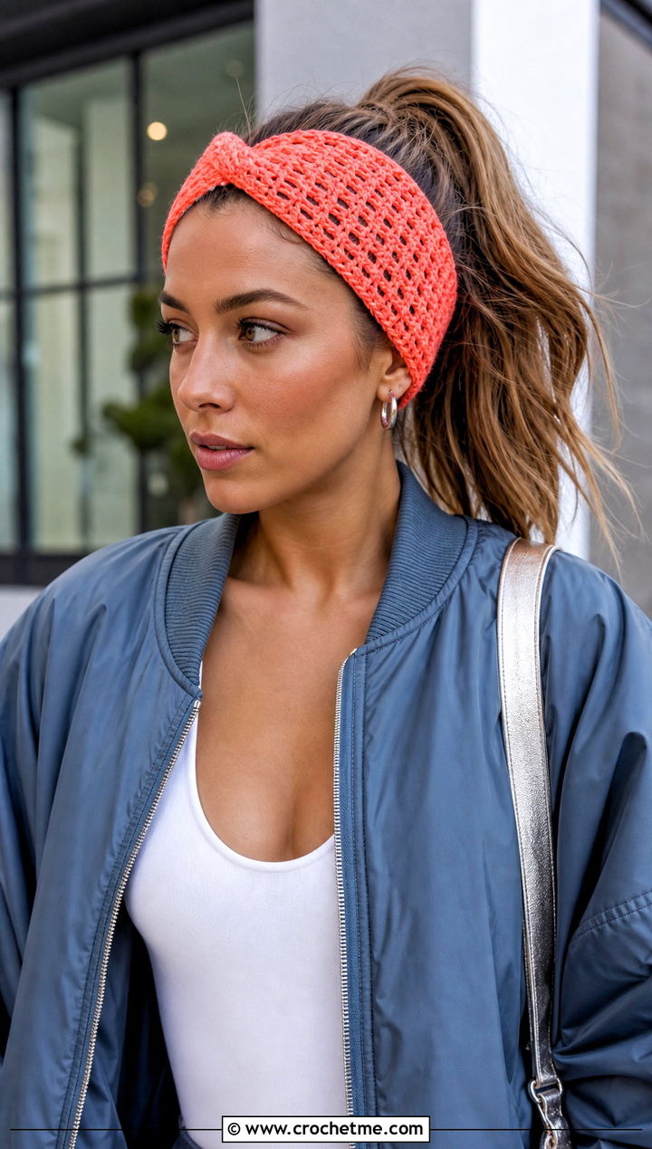 Crisscross Crochet Ponytail Headband With Bomber Jacket - 20 Crochet Ponytail Headband outfit ideas