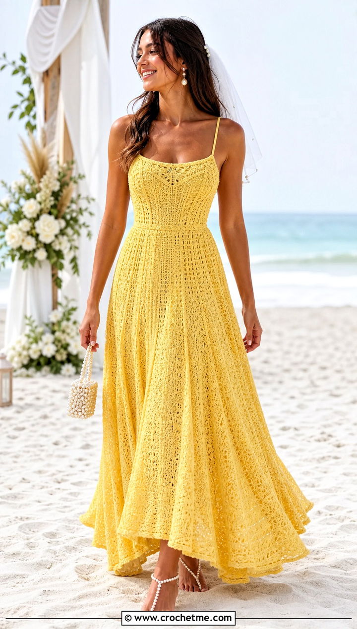 Crochet A Line Beach Wedding Dress With Pearl Accessories - 20 crochet beach wedding dress outfit ideas