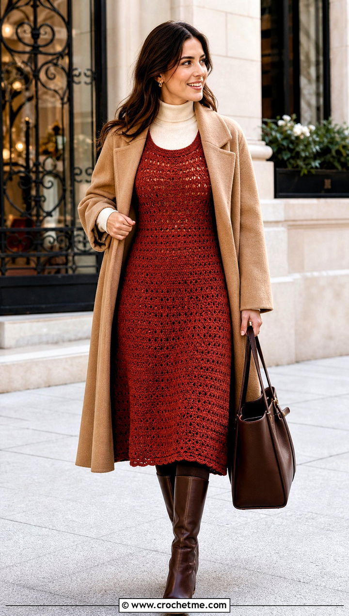 Crochet A Line Dress With Riding Boots - 30 crochet dress for winter outfit ideas