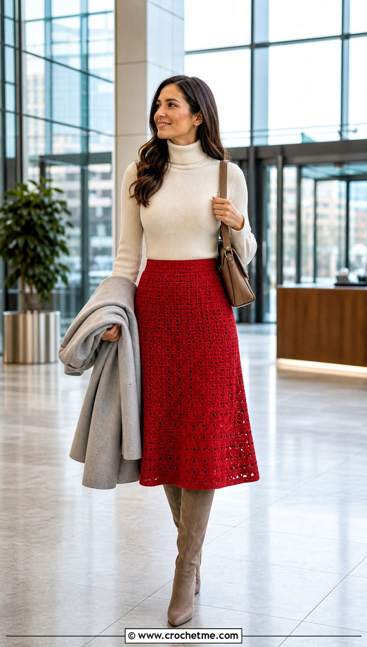 Crochet A Line Midi Skirt With Turtleneck - 25 Crochet Professional Clothes and outfit ideas