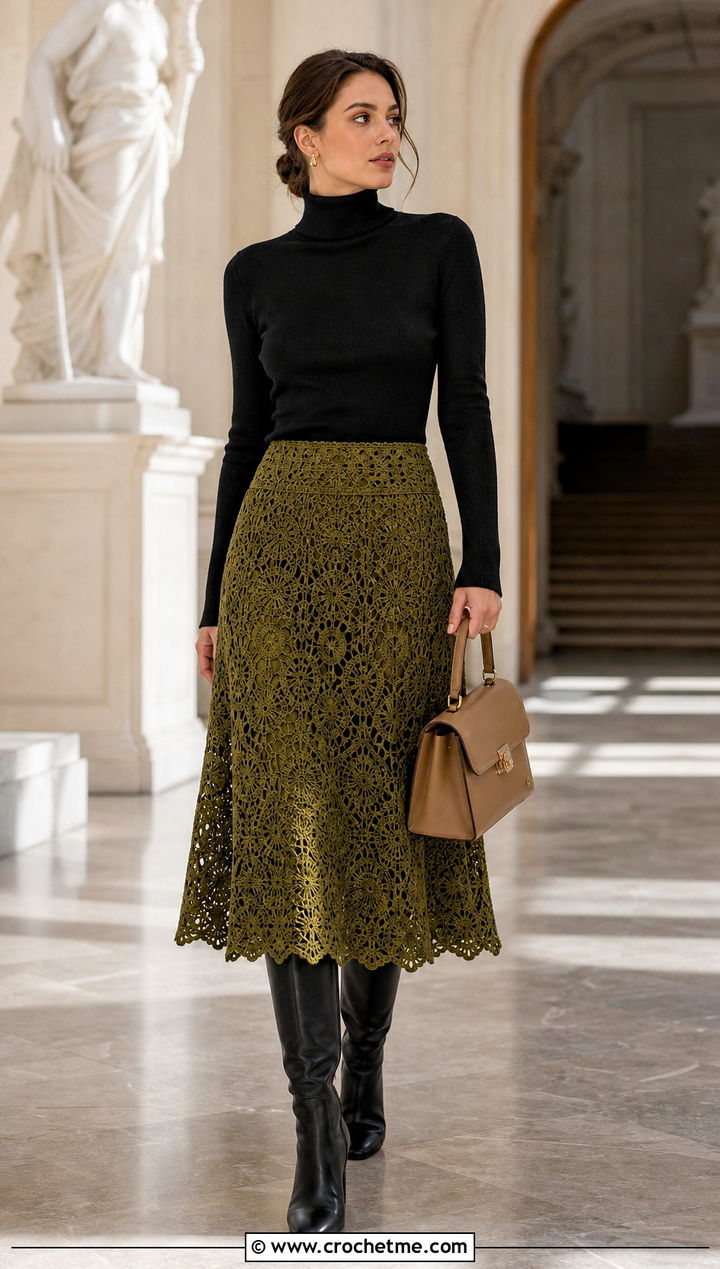 Crochet A Line Skirt With Fitted Turtleneck - 30 crochet thread clothes and outfit ideas
