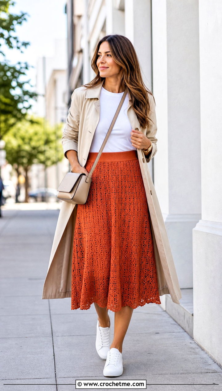 Crochet A Line Skirt With T Shirt And Trench - 30 crochet clothes outfit ideas