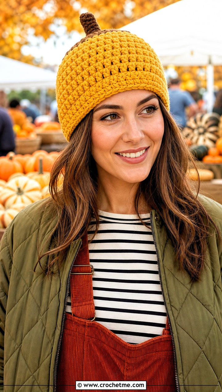 Crochet Acorn Beanie With Corduroy Overalls - 15 Crochet Thanksgiving Hat outfit ideas