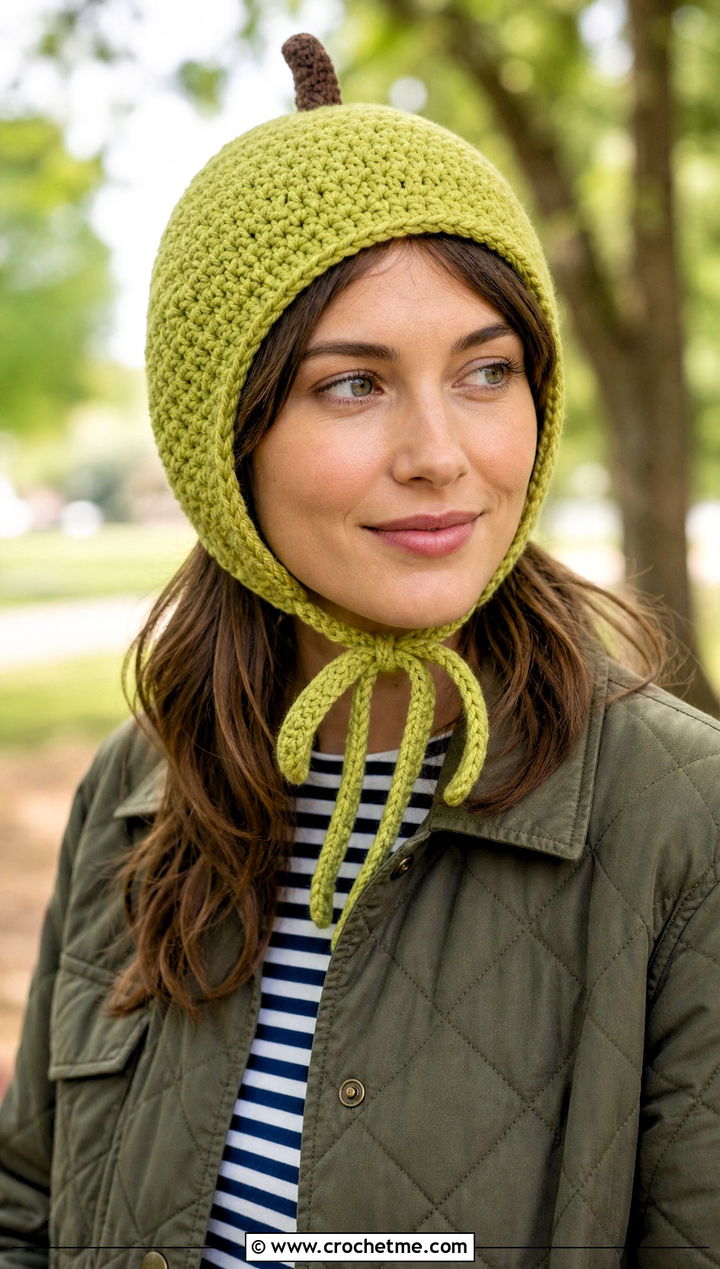 Crochet Acorn Bonnet With Quilted Jacket - 30 crochet acorn hat outfit ideas