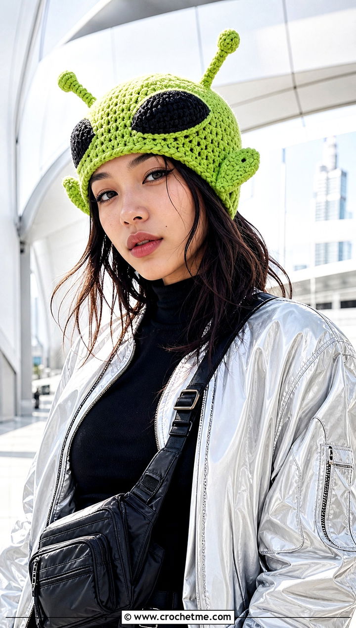 Crochet Alien Amigurumi Hat With Metallic Streetwear - 30 crochet amigurumi hat outfit ideas