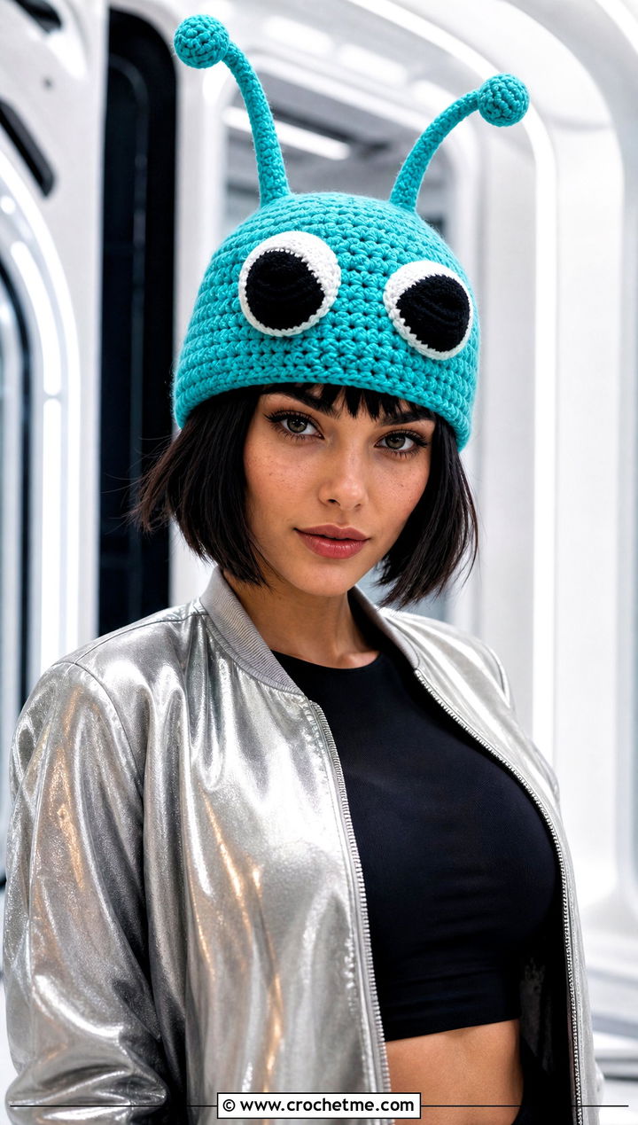 Crochet Alien Antenna Hat With Silver Bomber Jacket - 20 Crochet Character Hat outfit ideas