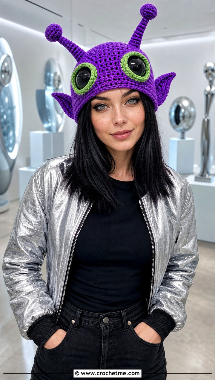 Crochet Alien Hat With Metallic Bomber And Black Denim - 25 Crochet Silly Hats outfit ideas