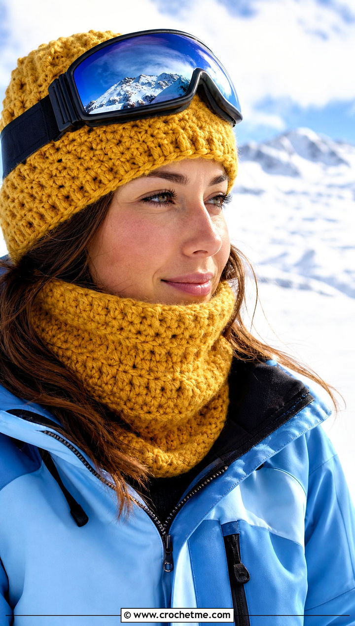 Crochet Alpine Hat And Snood With Ski Jacket - 25 crochet scarf hat combo outfit ideas